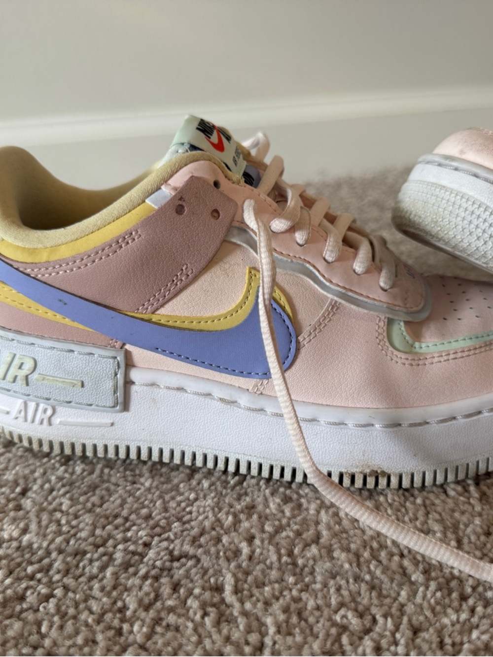 Nike Women's Pastel Pink Air Force 1 with Lavender and Yellow Swoosh